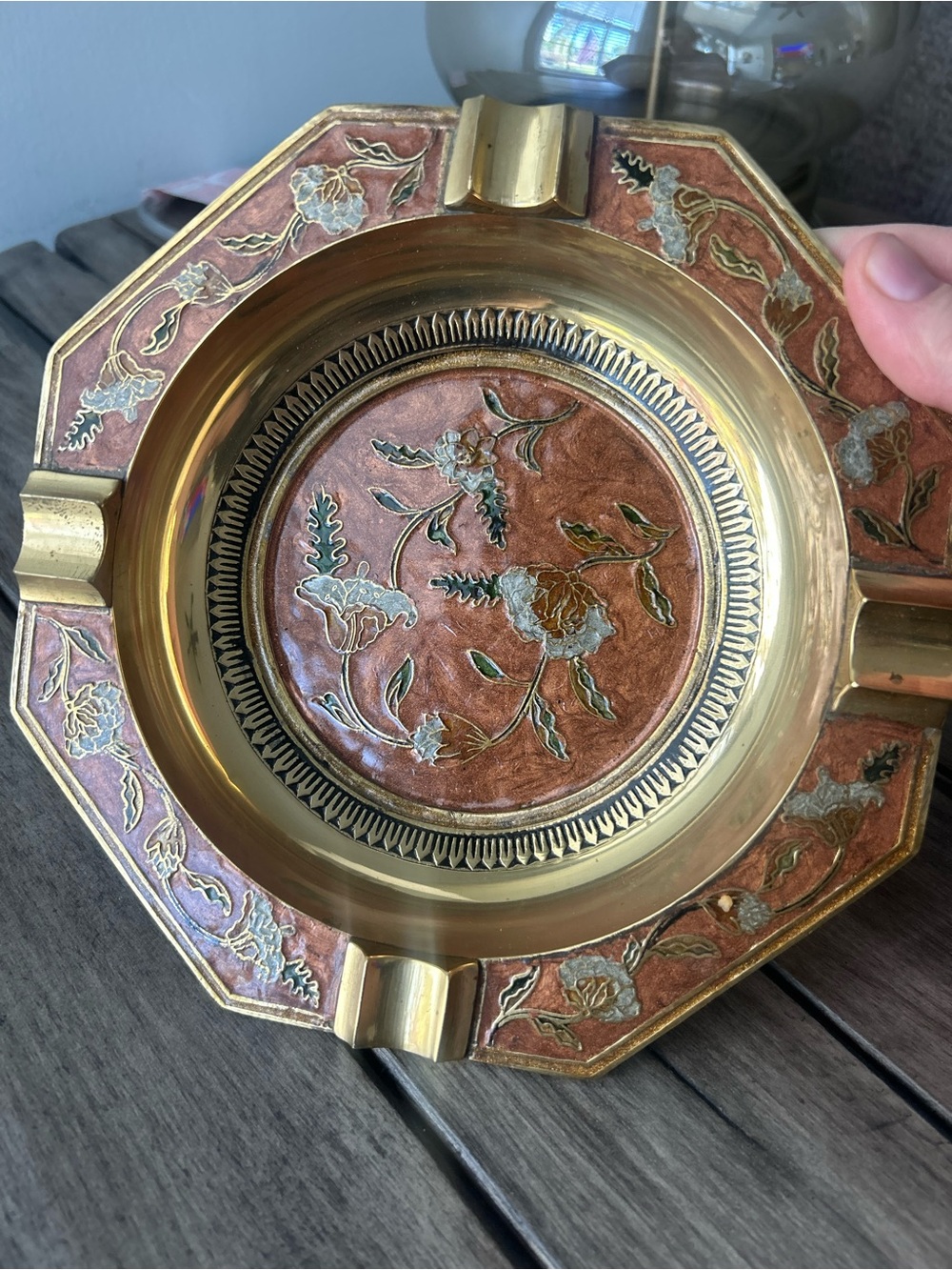Vintage Brass Enamel Cloisonne Floral Pattern Ashtray Catch All Dish 1970s Retro